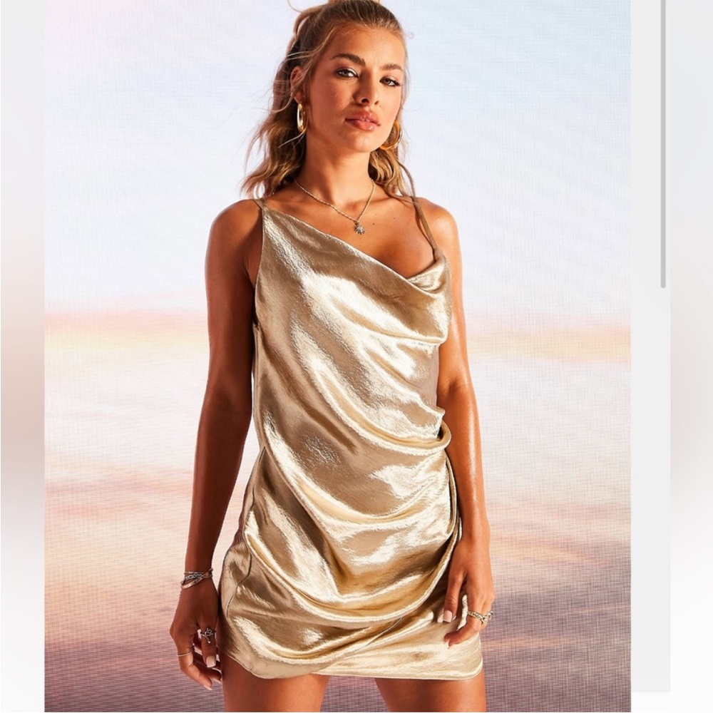 ASOS Gold Ruched Mini Dress Cowl Neck Cocktail
NWT!!!! Size 8